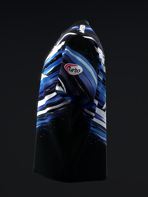Black bowling jersey with blue and white dynamic streaks and Turbo logo