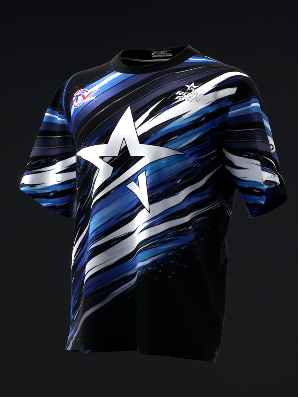 Black bowling jersey with blue and white diagonal streaks and large white star graphic
