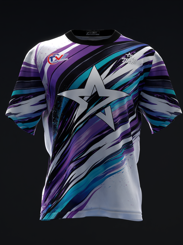 Front view of bowling jersey with dynamic streaked design in purple, cyan, and white with large star graphic