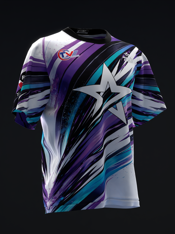 Bowling jersey front view with white, purple, cyan, and black streaks and large star graphic