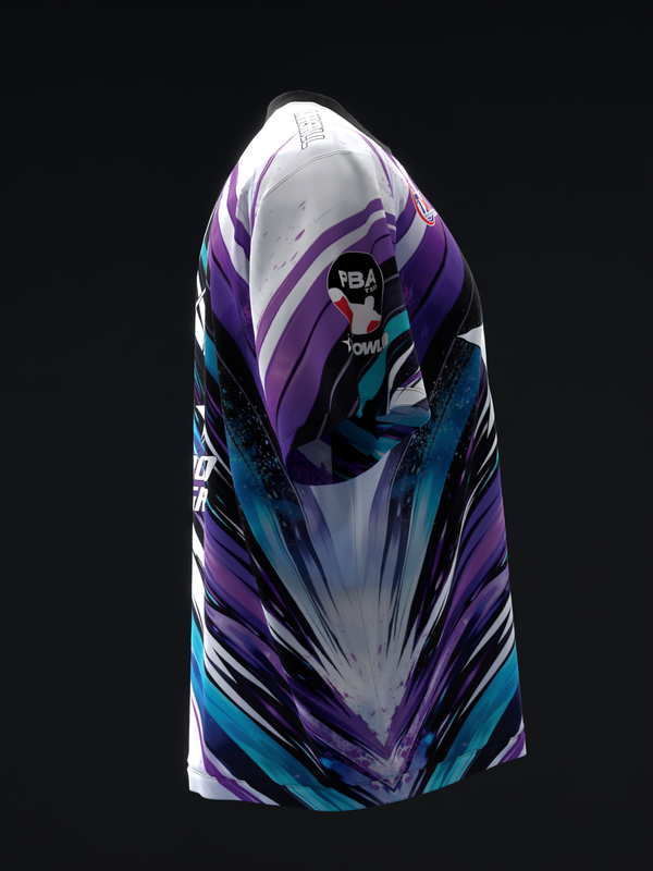White bowling jersey with purple, teal, and black dynamic streak design, front view