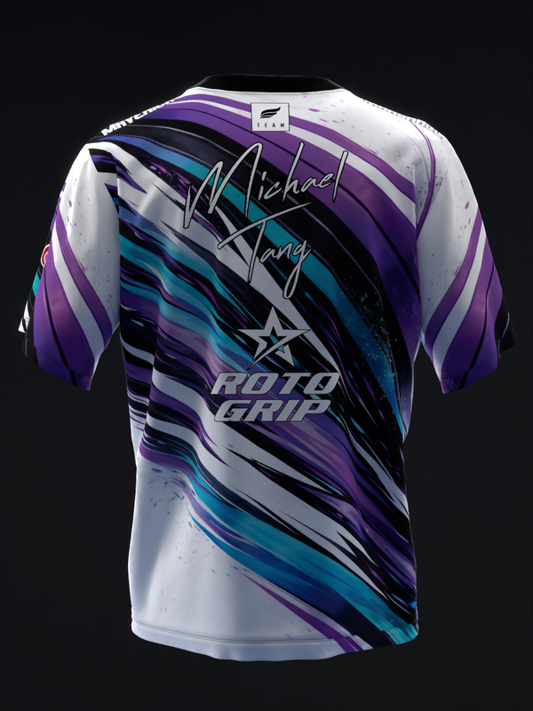 Bowling jersey back view with purple, teal, and white diagonal streaks and signature.