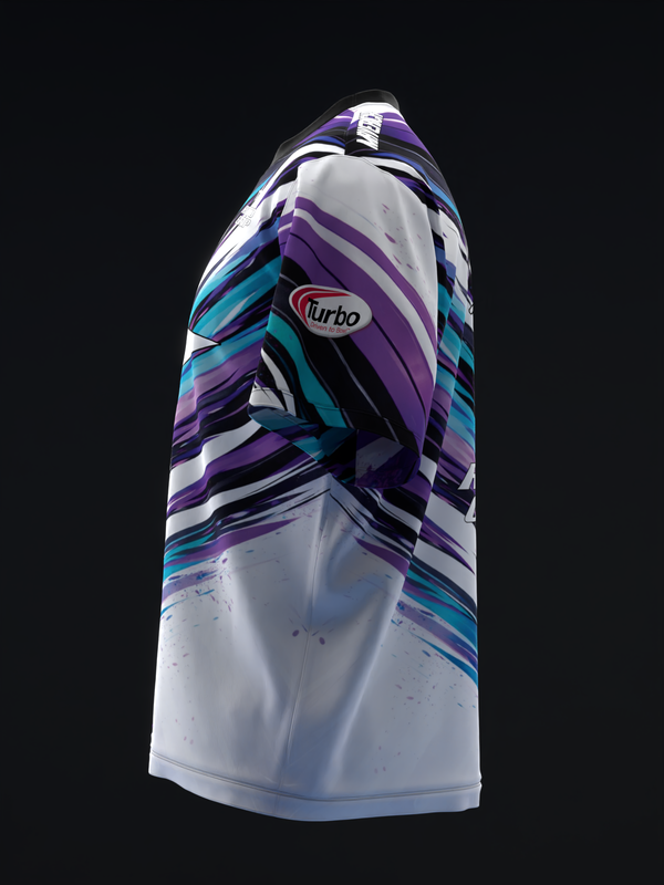 Turbo bowling jersey with purple, teal, and white dynamic streak design, front view