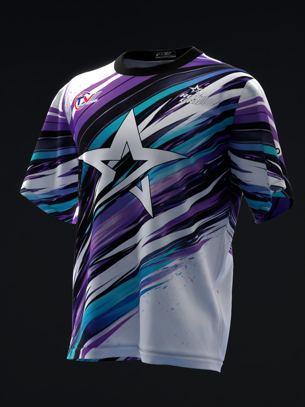 Purple and teal bowling jersey with diagonal streaks and large white star graphic front view