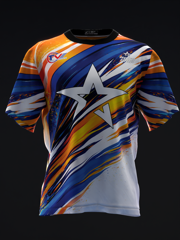 Front view of bowling jersey with dynamic streaks in orange, blue, and white with large star graphic.