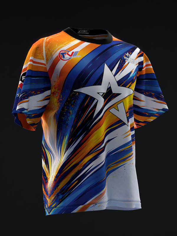 Front view of bowling jersey with dynamic streaks in orange, blue, yellow, and white with large star graphic
