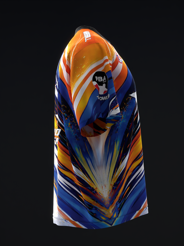 Bowling jersey with dynamic streaks in navy, orange, yellow, and white