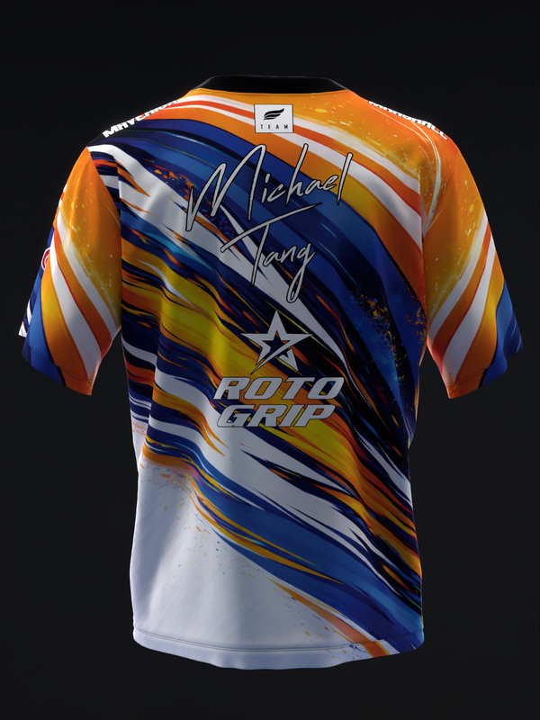 Bowling jersey with dynamic blue, orange, and yellow streaks on white background, back view