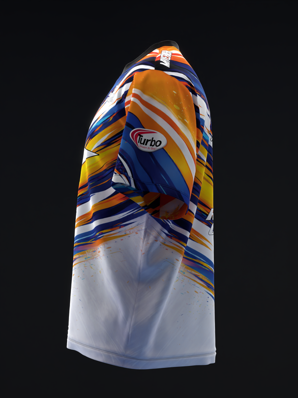 Turbo bowling jersey with dynamic blue, orange, and yellow streaks on white