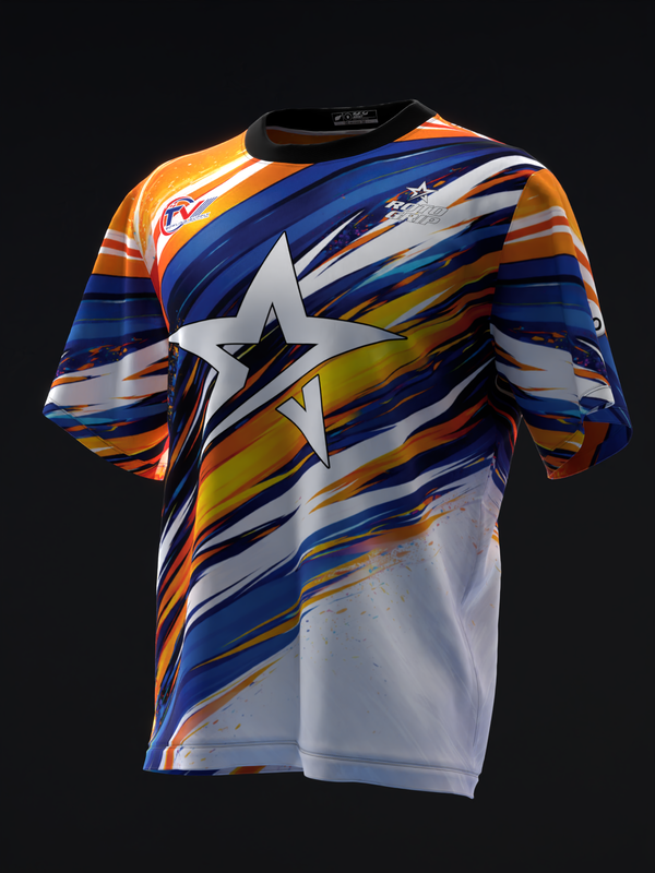 Bowling jersey with dynamic diagonal streaks in orange, blue, yellow, and white with star graphic