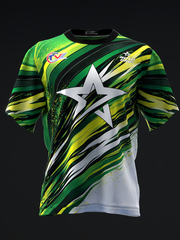 Front view bowling jersey with green, yellow, and black streaks and white star graphic