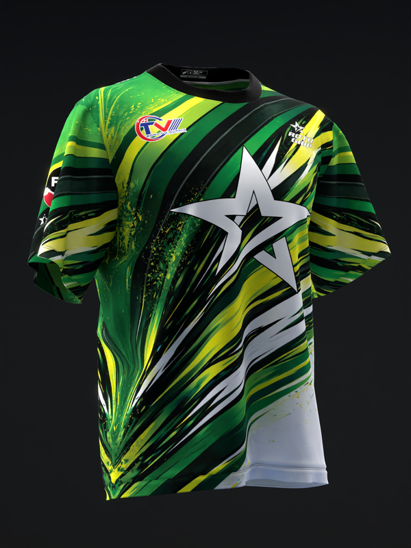 Green and yellow bowling jersey with dynamic streak design and white star graphic