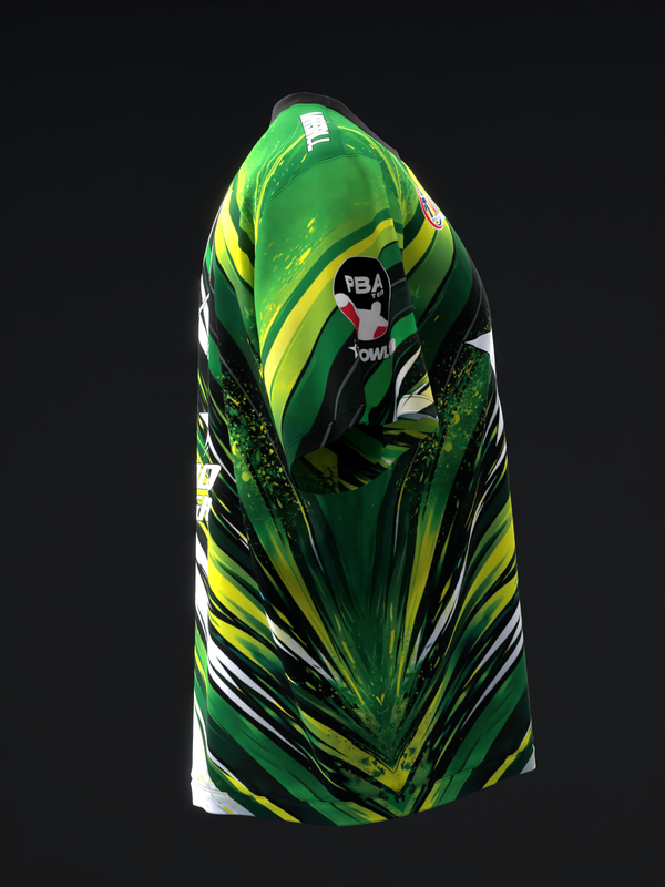 Bowling jersey in green and yellow with dynamic streak pattern and logo detail