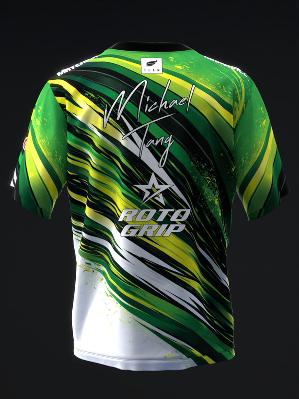 Bowling jersey with green, yellow, and black diagonal streaks and white lower panel