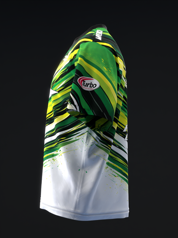 Bowling jersey with green, yellow, and black dynamic streaks on white base