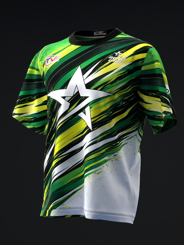 Front of bowling jersey with green, yellow and black diagonal streaks, white star graphic