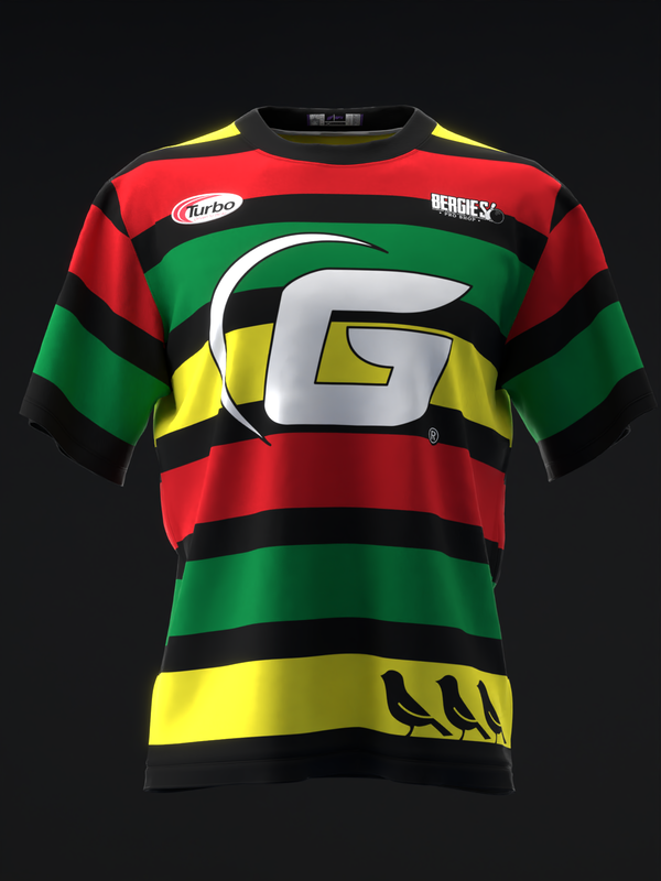 Black bowling jersey with red, green, yellow and white horizontal stripes and large G logo front view