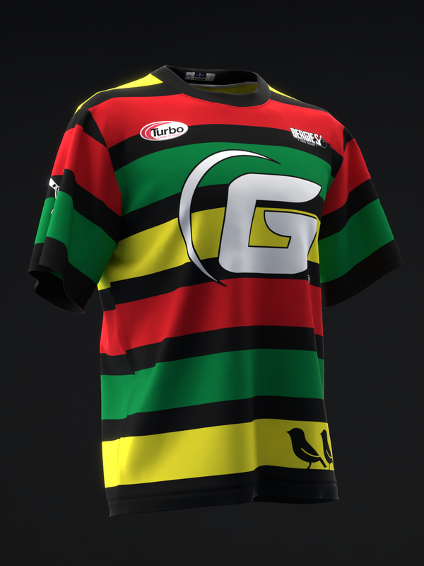 Red, green, yellow, and black horizontal striped bowling jersey with large G logo