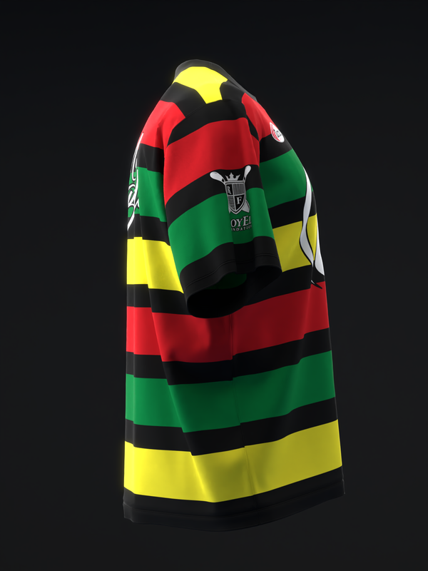 Bowling jersey with horizontal stripes in red, green, yellow, and black