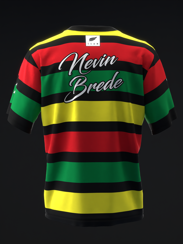 Bowling jersey with horizontal stripes in red, black, green, and yellow, personalized with Nevin Brede script lettering across chest, front view