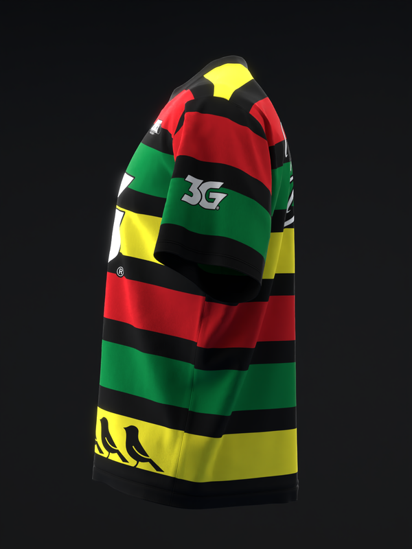 Bowling jersey with horizontal stripes in red, green, yellow, and black, side view