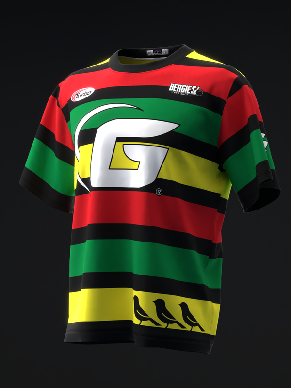 Red, green, black, and yellow striped bowling jersey with large G logo