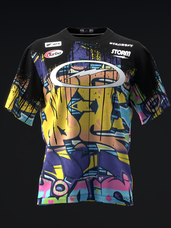 Black bowling jersey with vibrant abstract geometric and graffiti-style graphics, front view