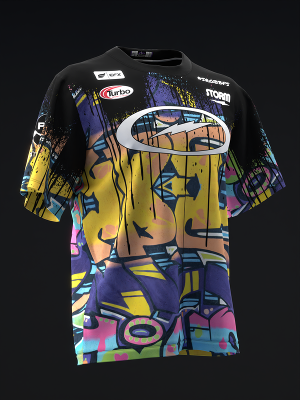 Colorful bowling jersey front with abstract geometric paint splatter design throughout