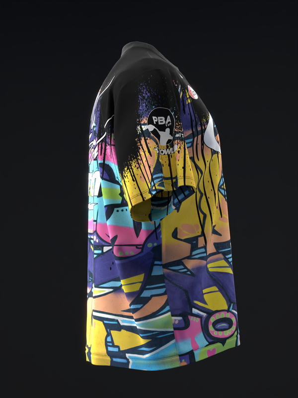 Black bowling jersey with multicolored abstract geometric and brush stroke design