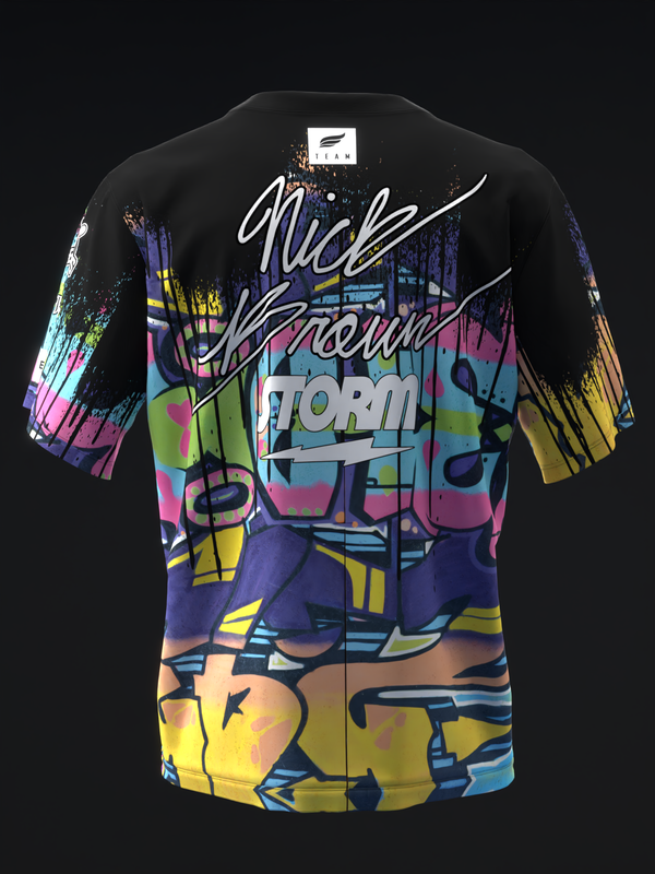 Back view of black bowling jersey with colorful abstract graphic and white script text
