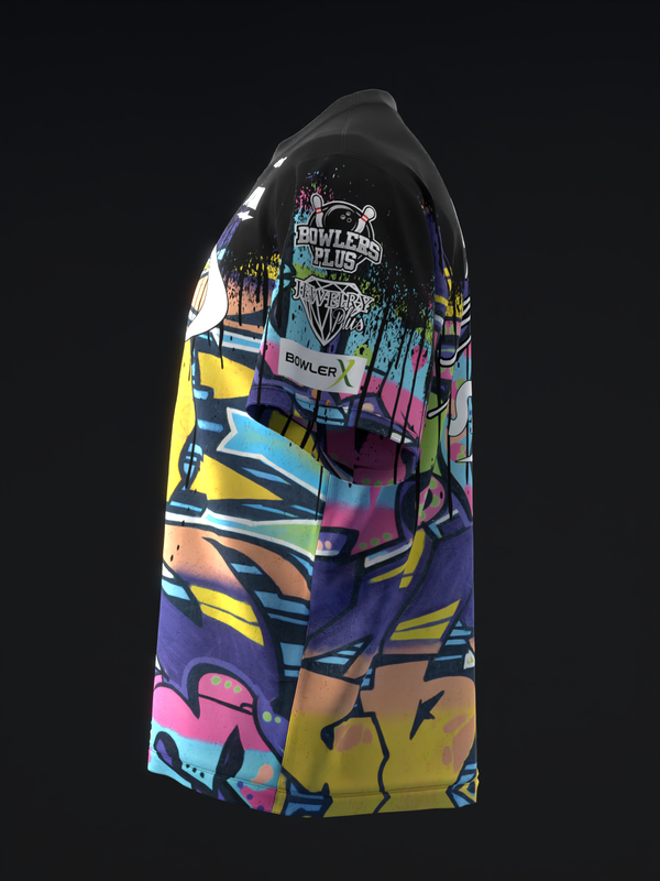 Black bowling jersey with vibrant multicolored abstract geometric graphic design throughout