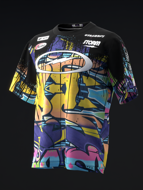 Black bowling jersey with colorful abstract geometric graphic and brand logos, front view