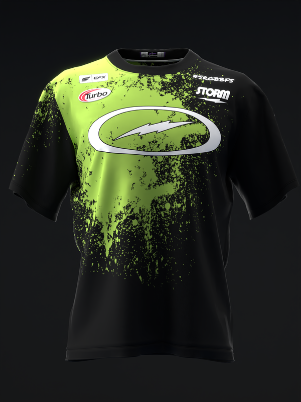 Black bowling jersey with neon green splatter design and white oval logo front view