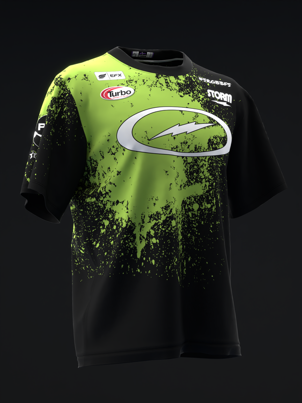 Black and neon green bowling jersey with splatter pattern and white oval logo, front view