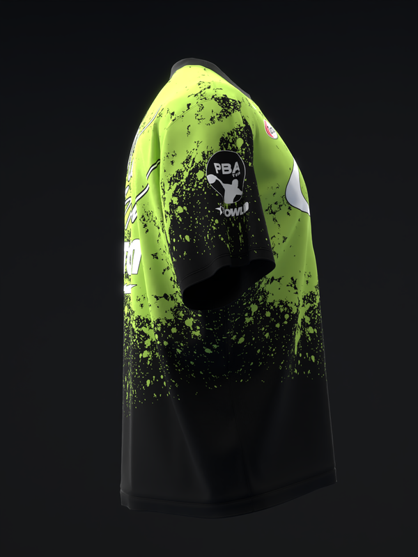 Neon green and black bowling jersey with splatter paint design, front view