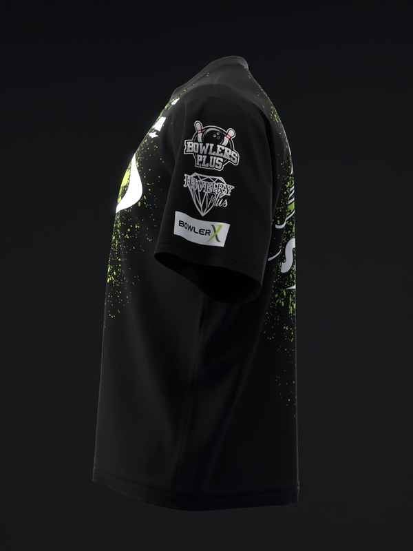Black bowling jersey with neon green and white splatter design on sleeves