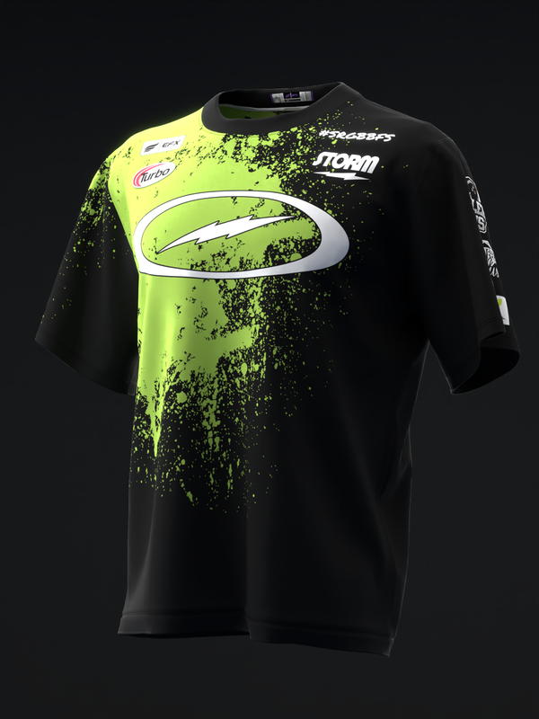 Black and neon yellow bowling jersey with splatter design and oval logo