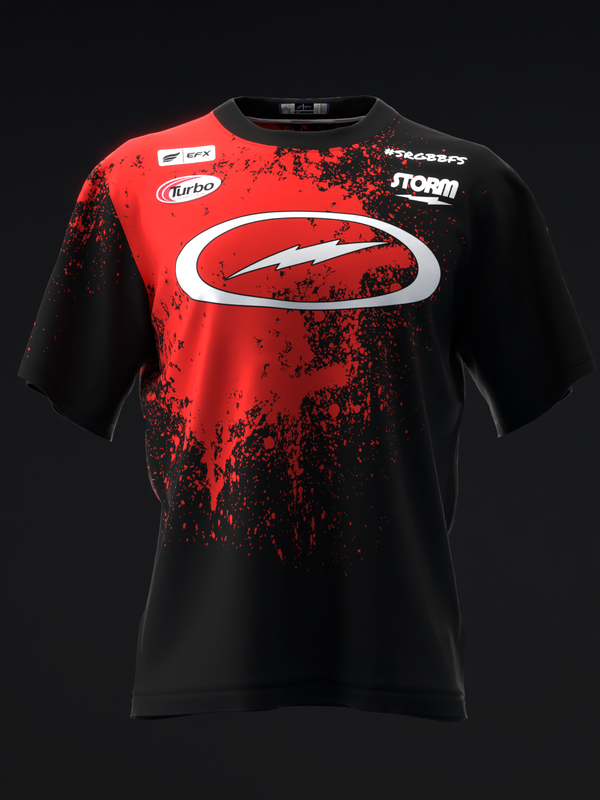 Red and black bowling jersey with splatter design and white oval logo