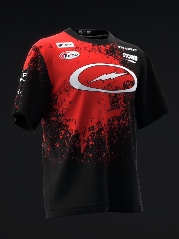Red and black bowling jersey with white lightning bolt graphic and splatter pattern