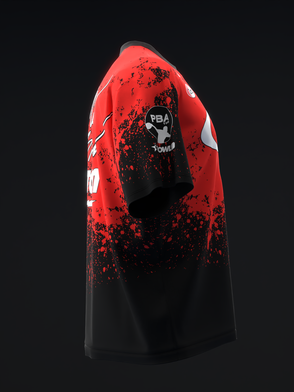 Red bowling jersey with black splatter design and PBA logo graphic