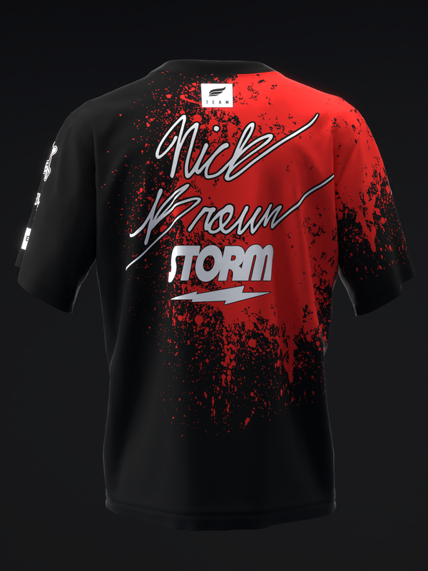 Black and red bowling jersey with splatter pattern and white script text