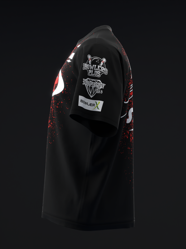 Black bowling jersey with red splatter design and white logos on sleeves, side view