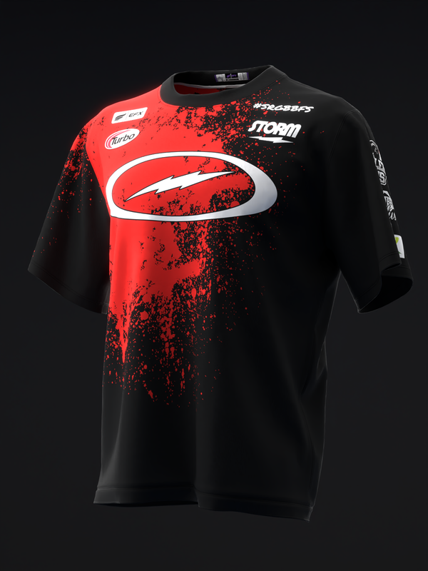 Black and red bowling jersey with splatter design and white oval logo