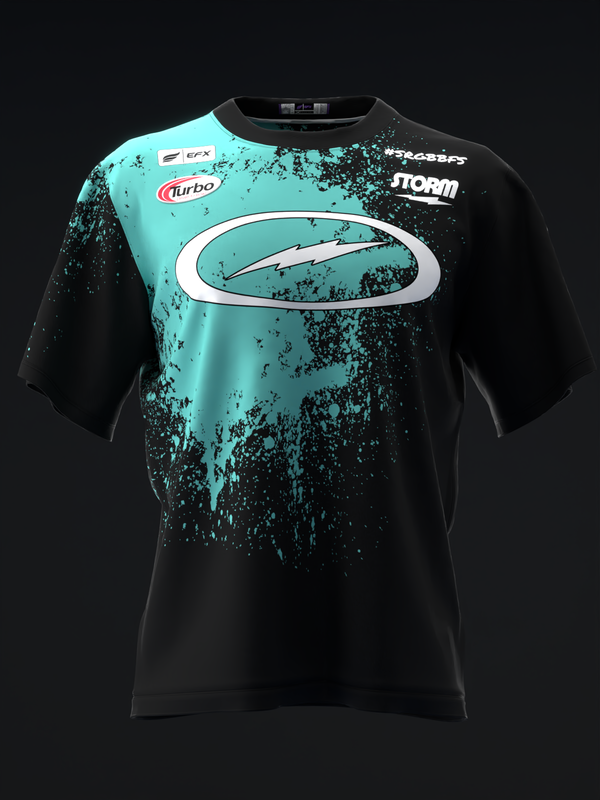 Black bowling jersey with turquoise splatter pattern and white oval logo front view