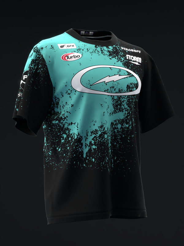 Turquoise and black bowling jersey with splatter pattern and white oval logo on front