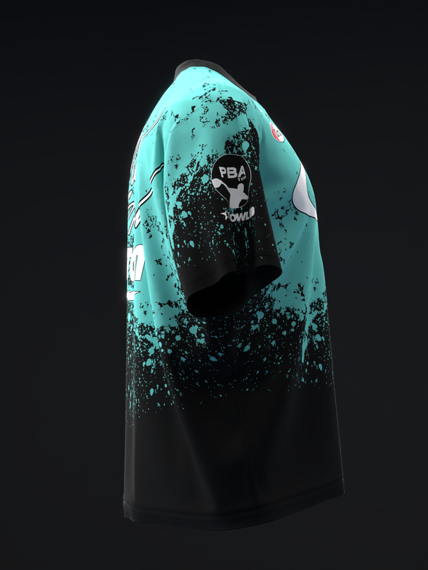 Teal and black bowling jersey with splatter paint design, back view