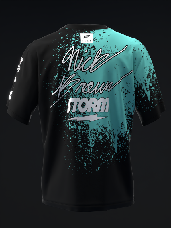 Black and teal bowling jersey with splatter design and script text front view