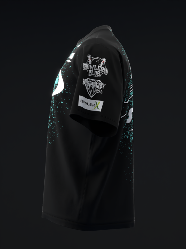 Black bowling jersey with teal and white splatter pattern on sleeves