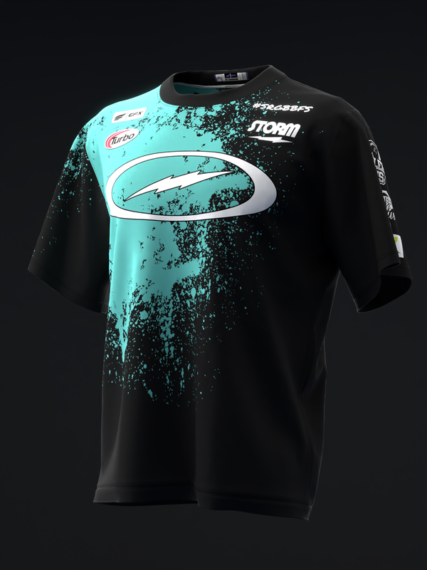 Black bowling jersey with teal splatter design and white oval logo