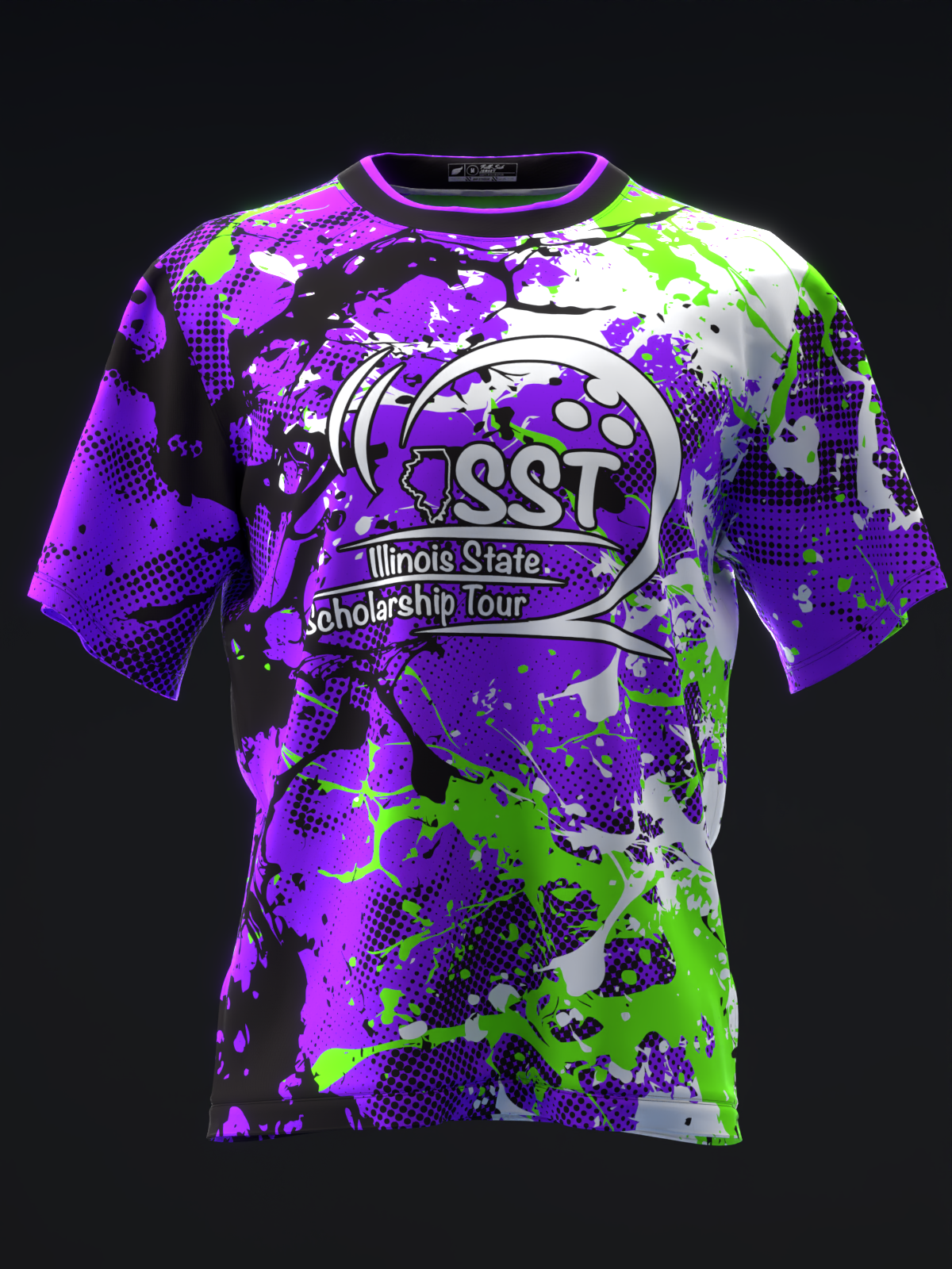 Bowling jersey with purple, green, and white splatter pattern and central logo graphic, front view